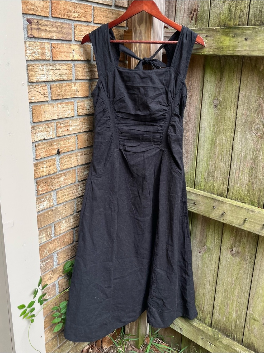 Free People Black Linen Blend Midi Dress with Tie-Back
